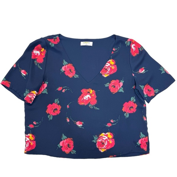 Aritzia Babaton Randy Floral Short Sleeve Top Blouse in Navy Blue Size M - Picture 6 of 8